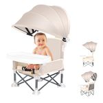 Little Bean Foldable Baby Booster Seat Dining Chair with Detachable Sunshade Travel Portable with Removable Tray for Indoor Outdoor Open Sit Folding Booster Feeding/Camping Chair for Toddler (Beige)