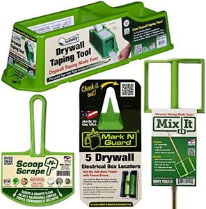 Drywall Tools Kit w/Drywall Tape Dispenser, Drywall Outlet Marker, Mixer & 5 Gallon Bucket Scoop - (4) Drywall Finishing Tools - Premium Home Improvement Hand Tools by Buddy Tools - Made in USA