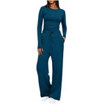 Two Piece Outfit Women Gym Wear Womens Set Women's Sweatsuits Yoga Suits for Women Long Sleve Top Wide Leg Pant Set Yoga Set Petite Loungewear Womens Tracksuit 2 Piece