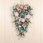 Christmas Stairway Teardrop Swag Green and Pink Ball Wreath Front Door Artificial Leaves Flowers Garlands Decor Hanging Christmas Baubles Christmas Decoration for Door Wall Fireplace Stair