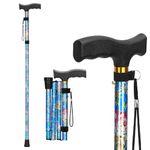 supregear Folding Cane, Lightweight 5-Level Height Adjustable Walking Stick with Wrist Strap and T Handle Travel Cane for Elderly Disabled Men Women Balancing Mobility Aid Portable Cane, Floral Blue