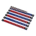 CASOMAN 6 Pieces 3/8" Drive Socket Organizer Rails, SAE and Metric Socket Holder Rail, Red & Blue Premium Quality Socket Holder, Mountable Sliding Tray Rack Tool Rail Holder, for 3/8-inch Socket Only