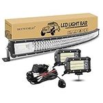 SKYWORLD Curved LED Light Bar, 52 Inch 675W Work Driving Fog Lamp, 2 x 5 Inch 135W OffRoad Flood Lights + 12V 2 Lead Wiring Harness Cable Kit for Auto Truck Tractors SUV 4x4 Vehicles