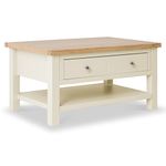 RoselandFurniture Farrow Cream Large Coffee Table for Living Room with Drawer, Shelf & Oak Top | Painted Solid Wooden Country Farmhouse Rectangular Storage Table | H:45cm W:85cm D:55cm