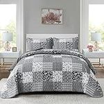 Black Grey Boho Quilt Set Queen Size,3 Pieces Plaid Floral Bedspread Coverlet Set for All Season,Patchwork Reversible Bedding Set Queen 90"x96"