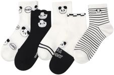 DIYBIRD Thin Crew Women Viscose Bamboo Cotton Socks Ankle Cute Pattern Stripe Novelty Girls Preppy Sock 5 Pairs (One Size, Panda/Black White)