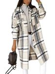 LASPIA Long Plaid Shirts Shacket Jacket Button Down Long Sleeve Woolen Blend Shirts Trench Coats for Women,B Deep Grey,M