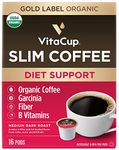 VitaCup Slim Organic Coffee Pods, Diet Support with Ginseng, Garcinia, B Vitamins, Bold Medium Dark Roast, Single Serve Pod, Compatible with Keurig K-Cup Brewers,16 Ct