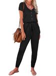 REORIA Women's Summer Casual Jumpsuit Plain Scoop Neck Button Down Bud Sleeve Rompers With Pockets Black XL