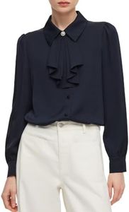 GOELIA Button Down Shirt for Women Long Sleeve Satin Silk Blouses Dressy Casual Business Work Blouse Tops Office Trendy Shirts with Detachable Ruffle Detail Navy Blue