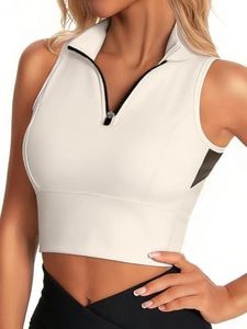 AARYA Cropped Workout Tank Tops for Women Built in Bra Half Zip High Neck Sports Bras Medium Support Sleeveless Athletic Top Beige XL
