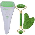 Jade & Ice Roller + Gua Sha Massager Tool Set for Face & Eyes by Charmlily, Puffiness, Reduce Wrinkle Aging, Migraine, Pain Relief on Neck & Body, Cold Facial Rollers Original Natural Stone - 3 in 1