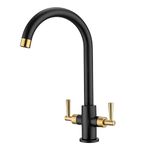 Peppermint Kitchen Tap Dual Lever Monobloc Kitchen Mixer Taps 1 Hole Matt Black and Brushed Gold Kitchen Sink Taps Twin Lever Swan Neck Kitchen Sink Mixer Tap