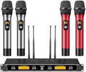 TONOR Wireless Microphone System, Quad Channel UHF Wireless Mic, Adjustable Frequency Metal Cordless Dynamic Handheld Mic, 4x5 Channels Auto Scan Ideal for Karaoke Singing Wedding Church, Silver&Red
