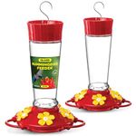 Hummingbird Feeder 10 oz [Set of 2] Glass Hummingbird Feeders for Outdoors, with Built-in Ant Guard - Circular Perch with 5 Feeding Ports - Wide Mouth for Easy Filling/2 Part Base for Easy Cleaning