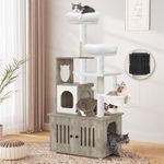 YITAHOME Cat Tree with Litter Box Enclosure, 2-in-1 Cat Furniture, Modern Cat Condo, Indoor Cat Tower with Wood House, Perch, Food Station, Hammocks, Scratch Post, Hair Brush, 59 Inch, Gray