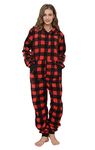 dressfan Unisex Pajamas Check Hooded Solid Color Onesie Thermal Jumpsuit Sportswear Christmas PJS Set Zipper Non-Footed Women&Men Red M