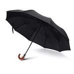 Compact Unisex Classic Auto Open Wind-Resistant Travel Umbrella Folding Anti-UV Outdoor Business Umbrella-Automatic -Curved Wood Handle Umbrella-Black