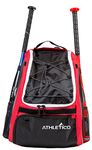 Athletico Baseball Bat Bag - Backpack for Baseball, T-Ball & Softball Equipment & Gear for Kids, Youth, and Adults | Holds Bat, Helmet, Glove, & Shoes | Separate Shoe Compartment, & Fence Hook (Red)