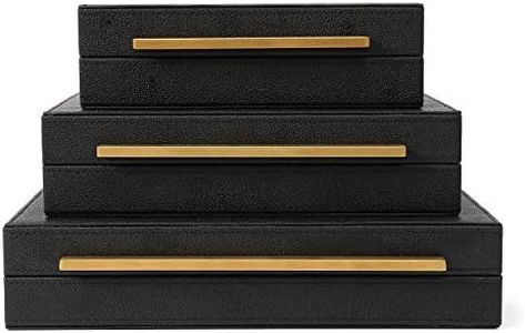 Kingflux Faux Black Shagreen Leather Set of 3 Pcs Decorative Boxes, Storage Boxes Jewelry Organizer, Men's Accessory Organizer (Black)
