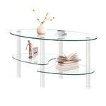 Meihua Oval Glass Coffee Table for Living Room, Center Table with 3-Tier Storage Tempered Glass Shelf and Solid Stainless Steel Legs for Home, Office