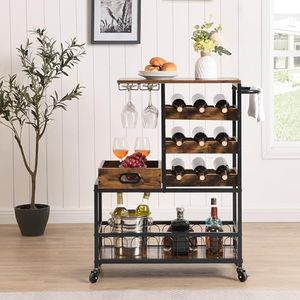 IHOMDEC Bar Cart with Storage, Mobile Kitchen Serving Cart with Wine Rack and Wine Glass Holder, Removable Wood Tray, Industrial Wine Cart on Wheels with Handle, Rustic Brown