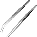 2Pcs Aquarium Tweezers, 15 inch Long Stainless Steel Straight and Curved Tweezers for Fish Tank Plant Aquascape Tools, Feeding Tongs