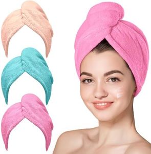 Hicober Microfiber Hair Towel, 3 Packs Hair Turbans for Wet Hair, Drying Hair Wrap Towels for Curly Hair Women Anti Frizz (Light Aqua,Peachy Coral, Sweet Pink)