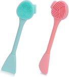 Silicone Face Scrubber, 2 Pcs Double Headed Facial Cleanser Brush Skin Friendly Face Scrubber Exfoliator Face Mask Brush for Face Skincare Blackheads Whiteheads Makeup Residues Removal (Green, Pink)