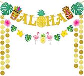 WERNNSAI Hawaiian Aloha Party Banner Decorations - Flamingo Pineapple Tiki Tropical Luau Party Supplies Favors Large Gold Glittery Aloha Sign Flag for Birthday Wedding Summer Beach Pool