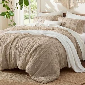 Bedsure Tufted Boho Comforter Set Oversized King - Light Brown Boho Bed Set, GentleSoft™ 3 Pieces Farmhouse-Style Embroidery Bedding, Gifts for Woman, Soft Jacquard Kids' Comforter for All Seasons