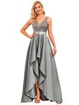 Ever-Pretty Women's V Neck Elegant A Line Hi-Low Empire Waist Satin Skirt Long Cocktail Evening Gowns with Sequin Grey 26UK