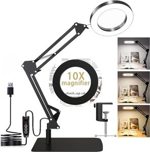 CHUCII 10X Magnifying Glass with Light and Stand, Magnifying Led Desk Lamp, Adjustable Color and Brightness Reading Light Ring Light for Repair, Crafts, Soldering (Black, Rectangle Base & Clamp)