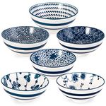 Foraineam 6 Pieces Blue and White Floral Rice Bowl Set 8 oz Japanese Style Cereal Bowls, Assorted Designs