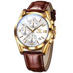 OLEVS Leather Watches for Men Chronograph Gold Large Face Mens Watches Luxury White Dial Quartz Watch for Men Waterproof Luminous Classic Analog Wrist Watches for Men, Montre Pour Homme