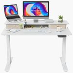 FEZIBO Height Adjustable Electric Standing Desk with Double Drawer, 100 * 60cm Stand Up Table with Storage Shelf, Sit Stand Desk with Splice Board, White Frame/White Top