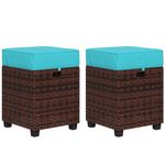 Outsunny 2 PCS Patio Wicker Ottoman Set, Two Square Outdoor PE Rattan Footrest with Removable Cushion, Freely Combined Furniture w/Handle for Backyard, Garden, Poolside, Sky Blue