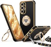 XYZ for Samsung Galaxy A53 Phone Case with Stand, Samsung A53 Case with Strap for Women Girls, Double Ring Bling Luxury Heart Protective Phone Case for Samsung Galaxy A53 5G, Black