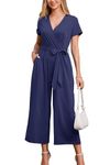 OUGES Womens Jumpsuit Rompers Dressy 2024 Summer Short Sleeve Wrap V Neck Wide Leg Nursing Maternity Rompers with Pockets(Navy,M)