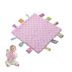 ORUZA Tag Comfort Blanket Baby, Baby Comforter with Colorful Taggies, Tag for Babies Soft Touch Comfort Blanket for Newborn Boys and Girls (Pink)