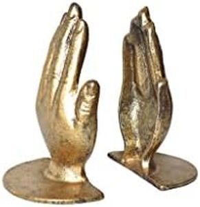 JUCONSIN Hands Bookends, Prayer Hand Decorative Bookends Unique Gold Book Ends Heavy Duty Cast Iron Bookends for Shelves Decorative