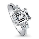 BERRICLE Sterling Silver 3-Stone Wedding Engagement Rings Emerald Cut Cubic Zirconia CZ Promise Ring for Women, Rhodium Plated Size 4-10, US 4.5, Metal Stone, Cubic Zirconia