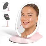 Fancii LED Rechargeable Portable Makeup Mirror with 3 Color Light Settings & 10x Magnetic Magnifying Mirror – Slim, Foldable Travel Vanity Mirror, 1500 mAh Battery, Height Adjustable (Pink)