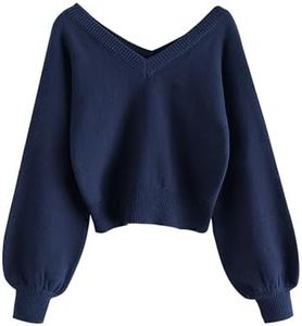 ZAFUL Women's Cropped Sweater V-Neck Long Sleeve Crop Sweater Pullover Jumper Knit Top, 1-navy Blue, Medium