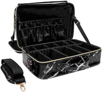 (Not Made In China) 2 Pack, Makeup Train Case, Cosmetic Bag, Portable Beauty Organizer and Storage Box With Adjustable Dividers For Make Up and Brushes (Marble, Large)