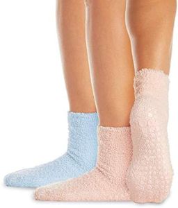 LA Active Fuzzy Socks - 2 Pairs - Non-Skid Anti-Slip Grip for Home & Hospital (Blush Pink and Baby Blue, L/XL)