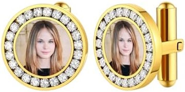 Custom Cufflinks for Men Gold Plated Custom Photo Round Cuff Links Shirt Accessory Bling Personalized Gifts for Dad Father's Day