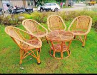 Avika Bamboo Cane Arm, Lawn, Indoor Outdoor Chair Set with Cushion with Table(4 Chair +1 Table)