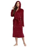 RONGTAI Womens Long Robes Plush Fleece Nightgown Thick Hooded Bathrobe with Pockets Fluffy Sleepwear for Men （Small,Burgundy）