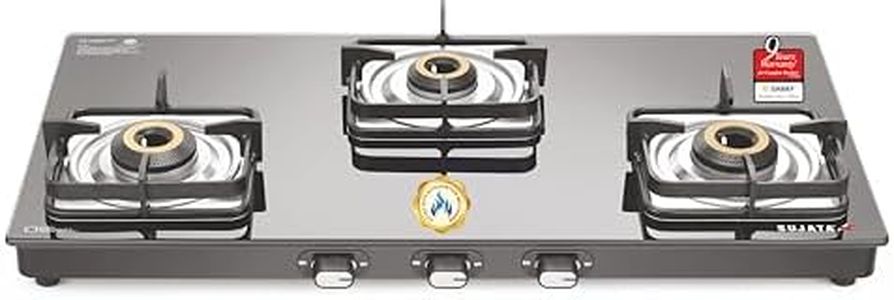 Sujata Classic Auto Ignition Gas Stove | 9 Years Warranty | 3 Burner Gas Stove Glass Top, Stove 3 Burner, SABAF, ISI Certified, LPG & PNG Compatible, Jumbo Brass Burner (Black)